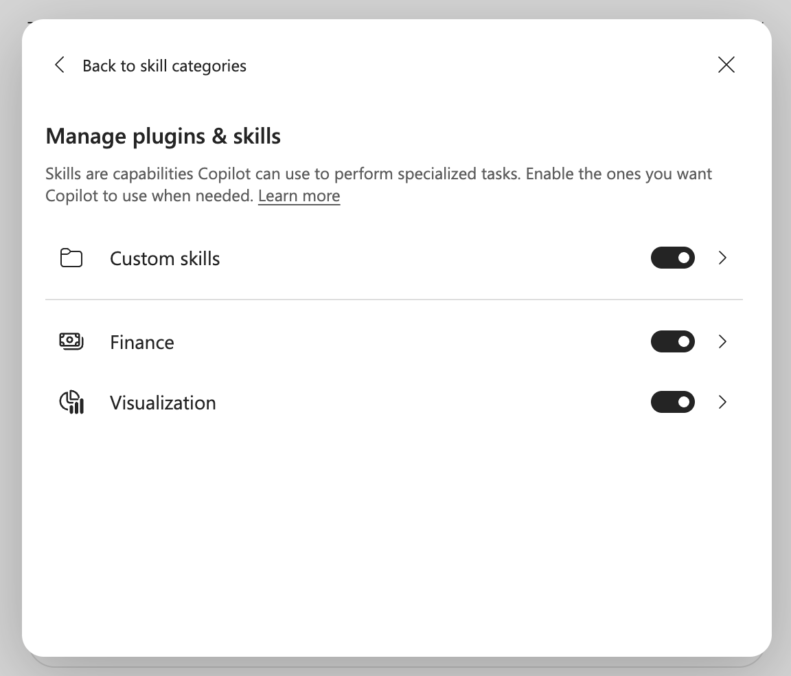 Excel 中的 Copilot [管理外掛程式 & 技能] 對話方塊的螢幕擷取畫面。