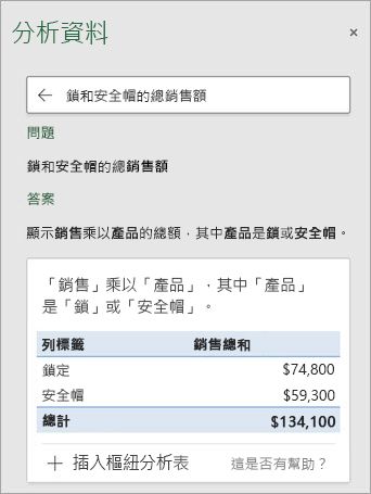 Excel 中的 [分析資料] 解答有關鎖和安全帽銷售量的問題。