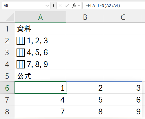 在一欄儲存格上使用 FLATTEN，其中每一欄都包含巢狀列，產生平面 3 x 3 格線