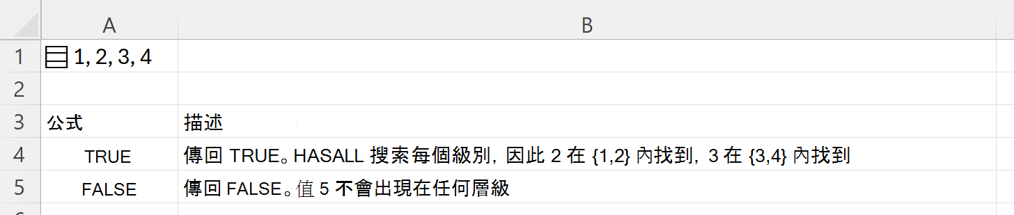 使用 HASALL 在儲存於單一儲存格中的巢狀陣列內部進行搜尋
