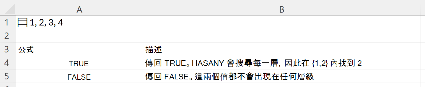 使用 HASANY 在儲存於單一儲存格中的巢狀陣列內進行搜尋