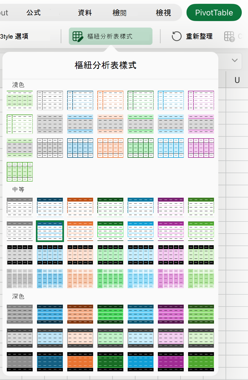 iPad 上的樞紐分析表樣式庫
