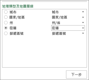 [工作] 窗格中的 [地理和地圖層級]
