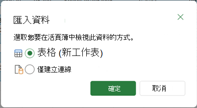 選擇 [關閉] & [載入至] 選項時出現的 [匯入資料] 選項。