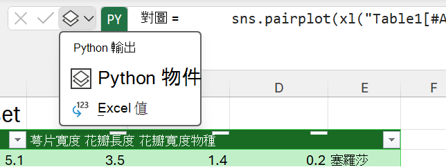 使用 [資料編輯列] 旁的 Python 輸出選單來變更輸出類型。