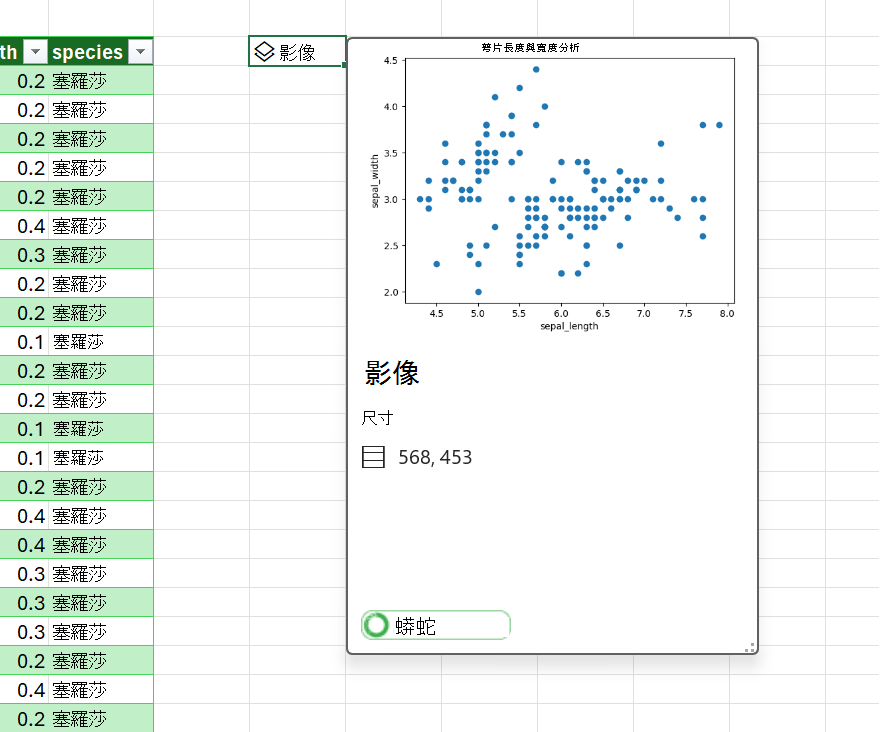 在 DataFrame 中檢視散佈圖的預覽。