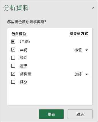選取您想要包含的欄位，並更新以取得新的建議。
