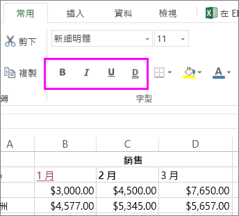 [字型] 群組中的按鈕可用來變更儲存格的字型樣式