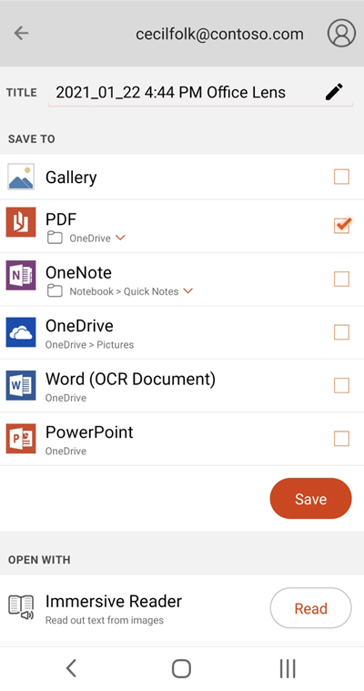 Microsoft Lens 在 Android 手機上的截圖
