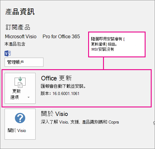 如果是隨選即用安裝，[帳戶] 頁面上會出現 [更新選項] 按鈕。如果是 MSI 安裝，則不會有此按鈕。