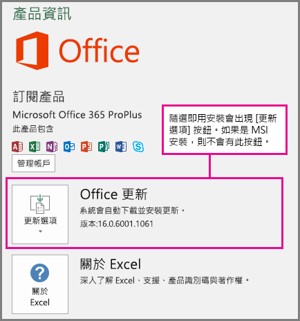 如果是隨選即用安裝，[帳戶] 頁面上會出現 [更新選項] 按鈕。如果是 MSI 安裝，則不會有此按鈕。