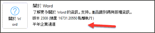 [產品資訊] 一節的 [關於 Word] 部分中的半年企業通道指示。