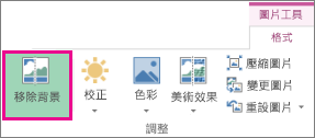 在 [圖片工具] 的 [格式] 索引標籤上，找到 [調整] 群組中的 [移除背景] 按鈕。
