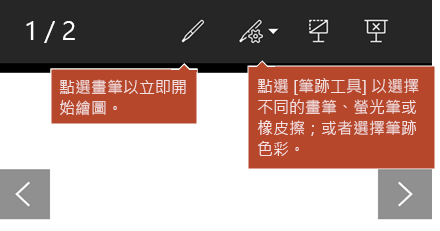 投影片放映檢視中可用的筆跡工具。