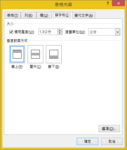 [資料表內容] 對話方塊中的 [儲存格] 索引標籤