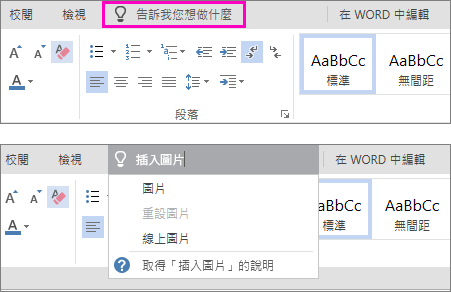 顯示 Word Online 功能區上的 [操作說明搜尋] 搜尋方塊。