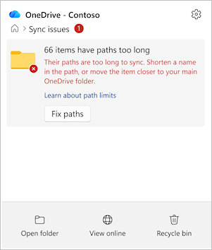 螢幕擷取畫面顯示含有 [修正路徑] 選項的 OneDrive 活動中心。