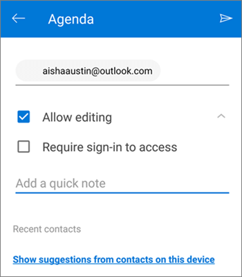 邀請他人分享 OneDrive for Android 檔案的截圖