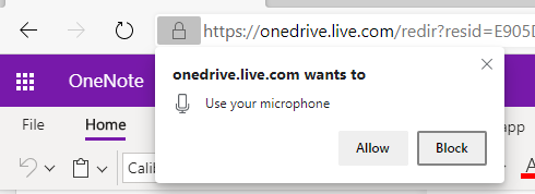 OneNote 語音輸入權限的截圖。