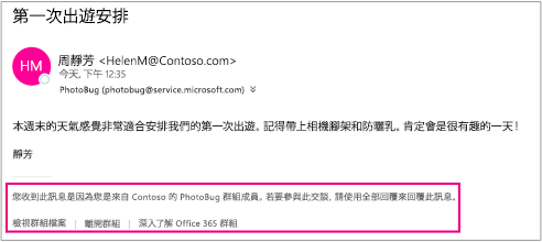 來賓所收到來自群組成員的所有電子郵件都會包含帶有指示和連結的頁尾。
