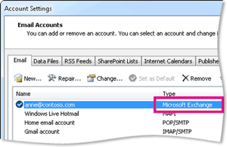 [帳戶設定] 中列出的 Exchange Server 帳戶