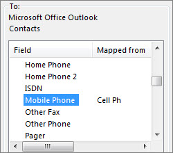 [手機電話] 已對應至 Outlook 的 [行動電話] 欄位