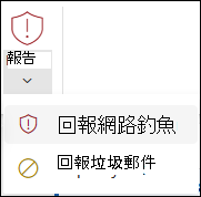 在 Outlook 網頁版經典功能區中選取「檢舉釣魚」按鈕的截圖。