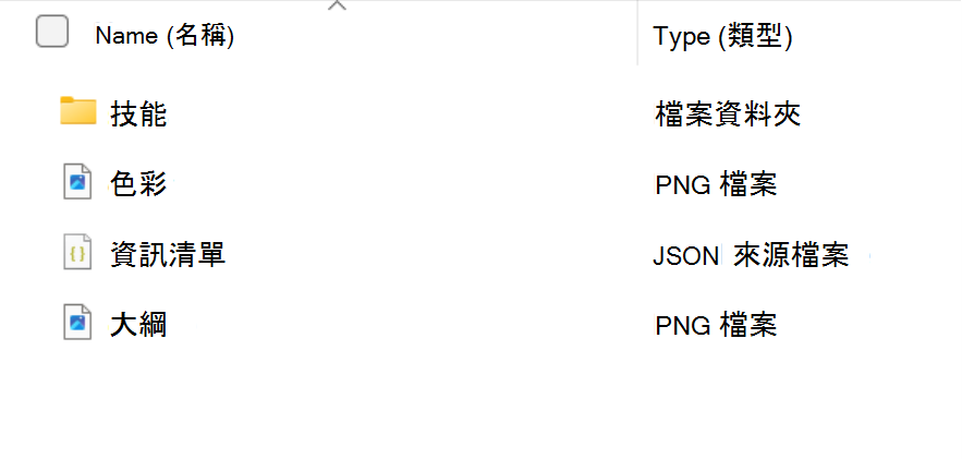 螢幕擷取畫面，顯示技能套件資料夾的內容：技能資料夾，以及 color.png、manifest.json和 outline.png 檔案。