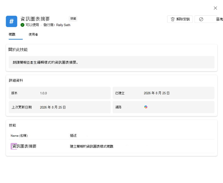 螢幕擷取畫面，顯示技能的詳細資料、使用者、版本和部署狀態。