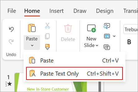截圖顯示 PowerPoint 網頁版中「僅貼上文字」指令的位置。