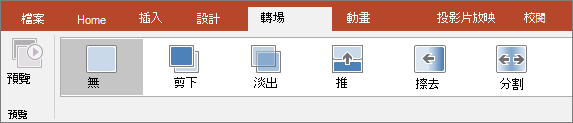 PowerPoint 中功能區上的 [轉場] 索引標籤。