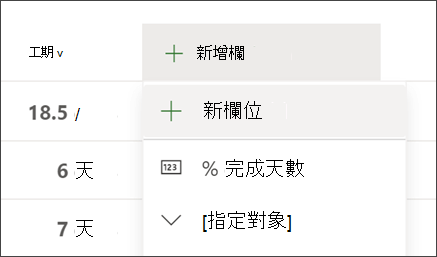 顯示 [新增欄標題] 和 [新增欄位] 選項的 Project 螢幕擷取畫面