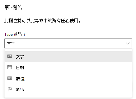 [新欄位專案] 對話方塊的螢幕擷取畫面，顯示類型：文字、日期、數字、是/否