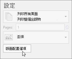 Publisher 印表機設定中的版面配置選項。