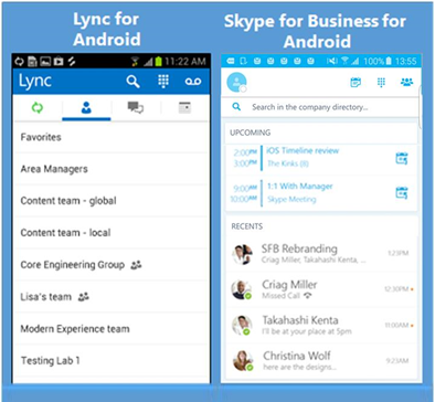 Lync 與 Skype for 商務用 Skype 的並排截圖