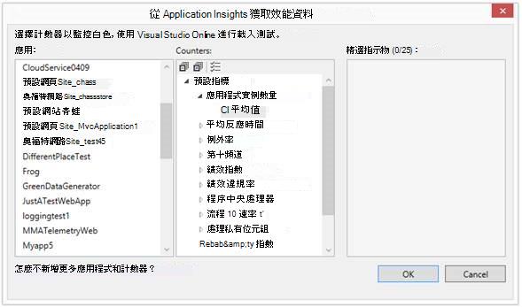 從顯示應用程式和可用計數器的 Application Insights 對話方塊取得效能資料