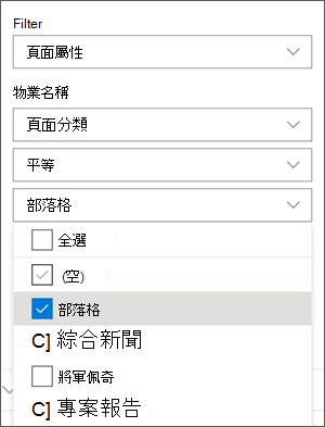 過濾器設定為新聞部落格網頁部分窗格