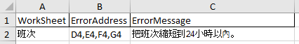 錯誤工作表指出必須縮短為24小時或更短的無效班次