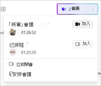 顯示 Teams 中往來頻道即時會議指標的螢幕擷取畫面。