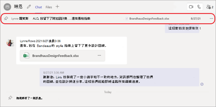 截圖顯示聊天頂端置頂的聊天訊息