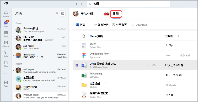 一個工作場所聊天視窗，顯示最近訊息、共享檔案及其詳細資訊，包括姓名、描述和時間戳記。