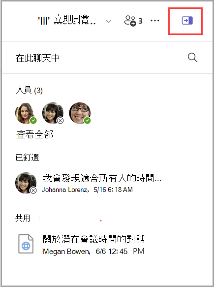 顯示如何顯示包含 3 個人清單、1 個釘選訊息和 1 個共用文件的聊天資訊窗格之螢幕擷取畫面。
