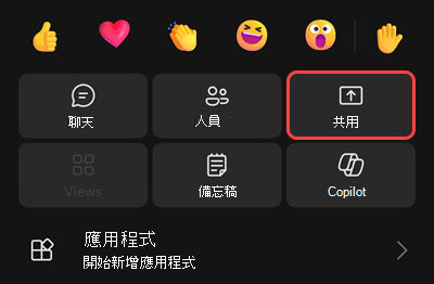 會議中的選單，提供開始錄影、自己等待、自己撥打電話、分享、使用撥號鍵盤或關閉來電影片的選項。