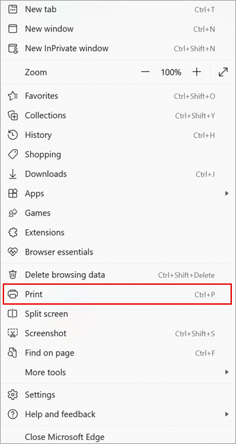截圖顯示 Microsoft Edge 的「更多」選單中列印指令。