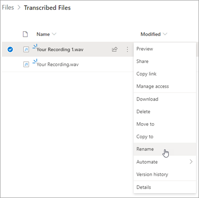 OneDrive 檔案介面，醒目提示快顯功能表上的 [錄製] 和 [重新命名] 選項