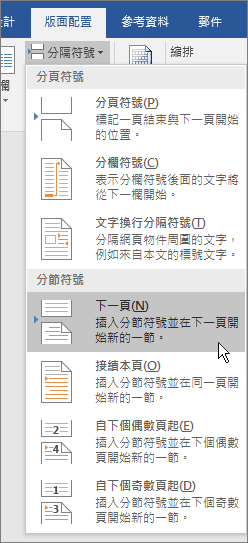 分隔設定選項會顯示在 [版面配置] 索引標籤。