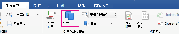 在 [參考資料] 索引標籤上會醒目顯示 [引文]。